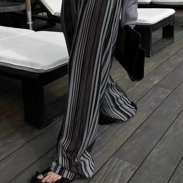 Ins style vertical striped wide leg pants Korean style niche design high waist lazy style elastic waist floor mopping casual pants long style