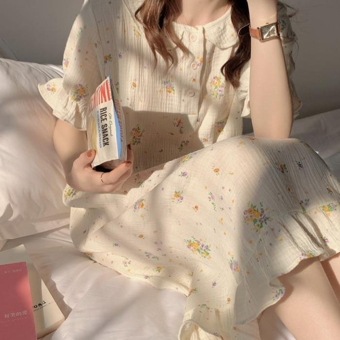 Sweet doll collar floral baby cotton gauze nightdress female summer short-sleeved Korean version loose pajamas home clothes summer