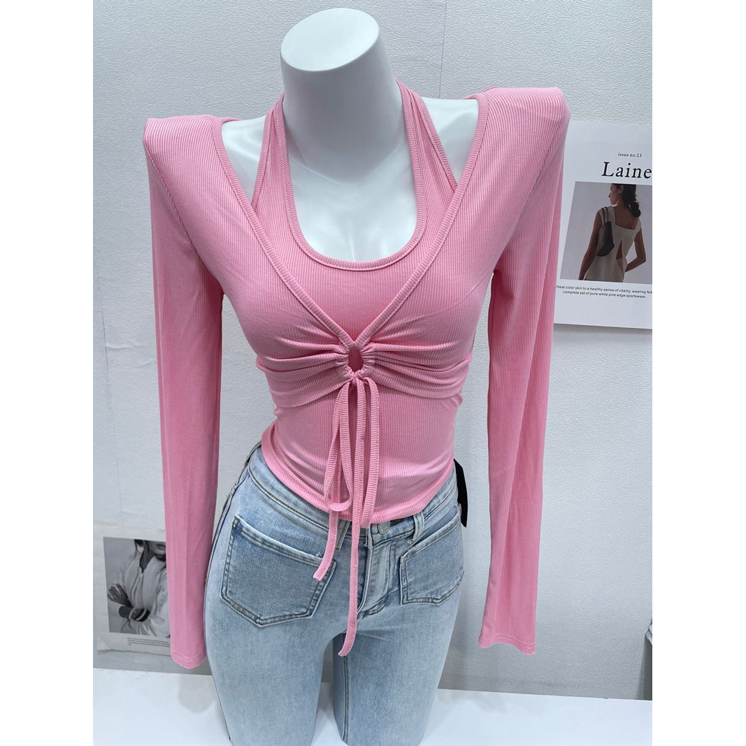 Be careful with machine design ~ foreign style fake two-piece strappy halter neck T-shirt women's long-sleeved slim fit T-shirt top