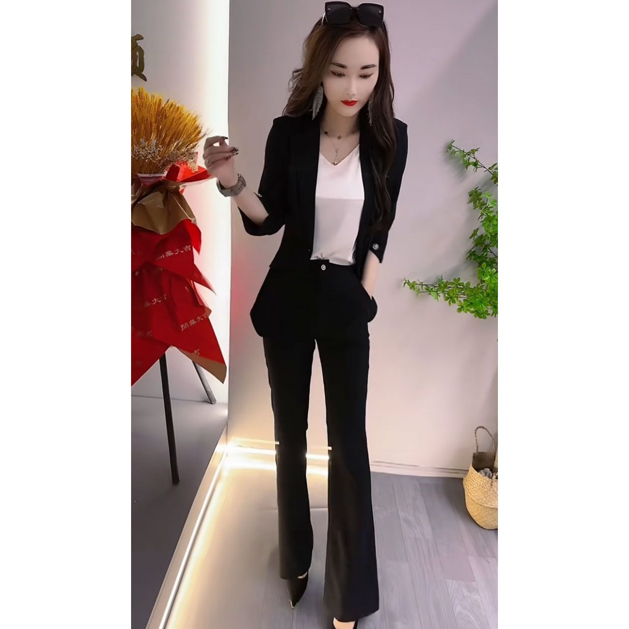 One piece/set 2023 spring and summer new fashion temperament thin suit with flared pants professional two-piece suit