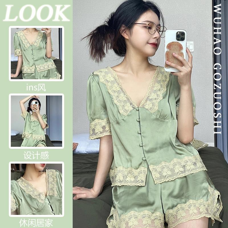 French pure desire lace lace ice silk short-sleeved pajamas women's summer 2023 new thin section home service shorts suit
