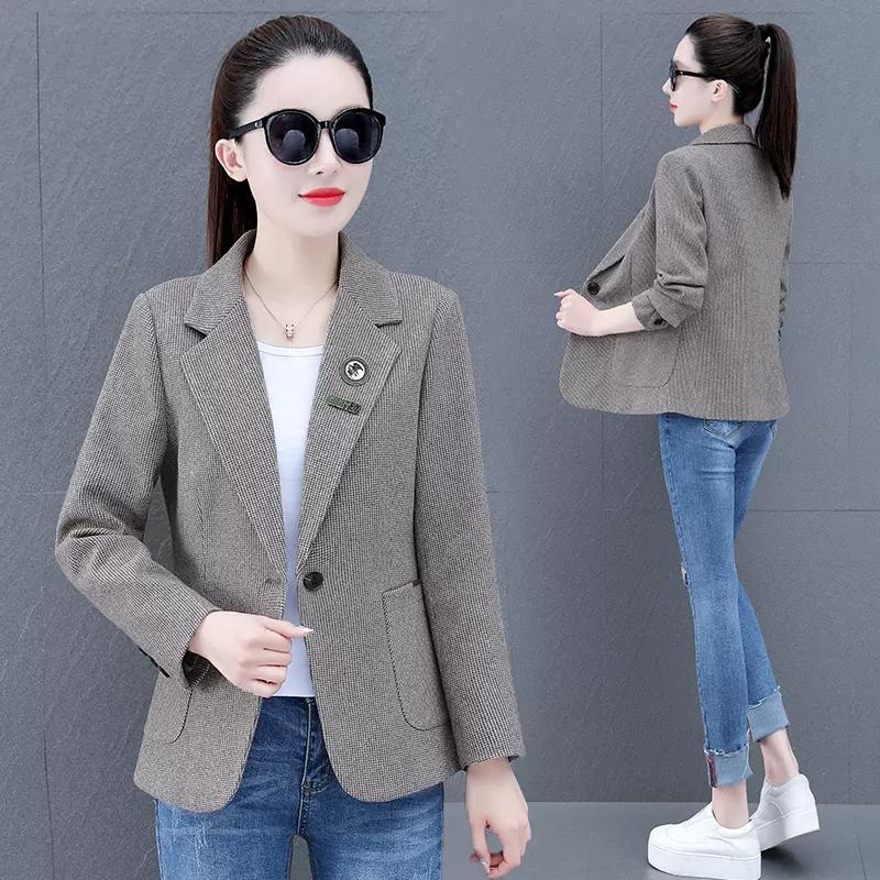 Houndstooth suit jacket for women spring and autumn  new gray high-end small casual plaid suit for women