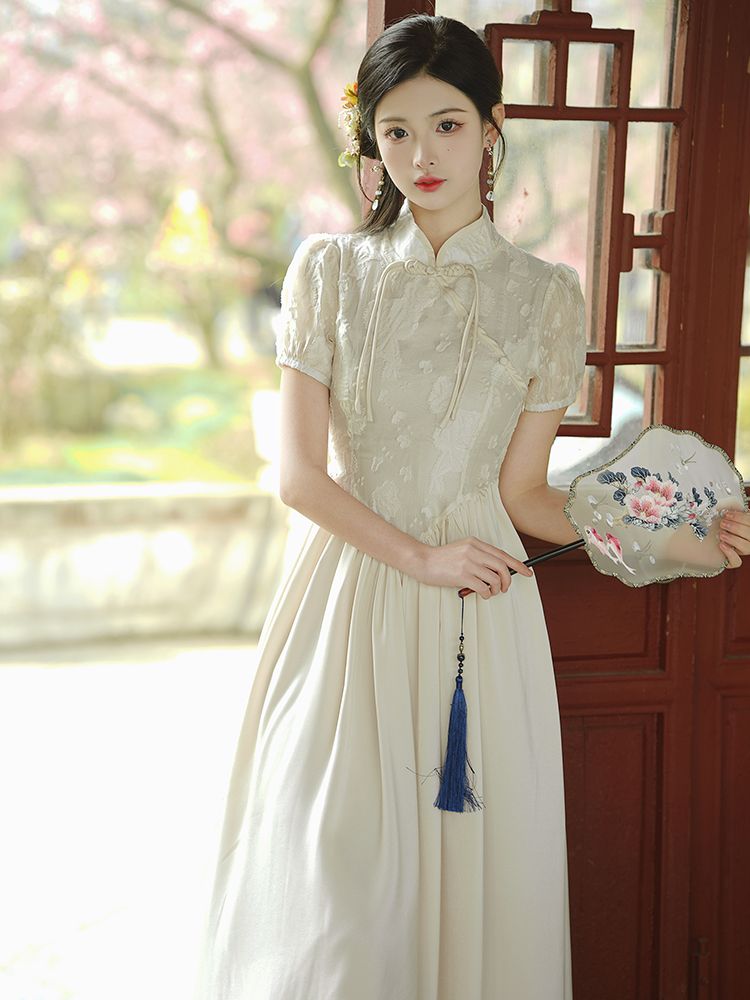 新中式改良旗袍女夏季年轻款气质少女国风法式复古长款优雅连衣裙
