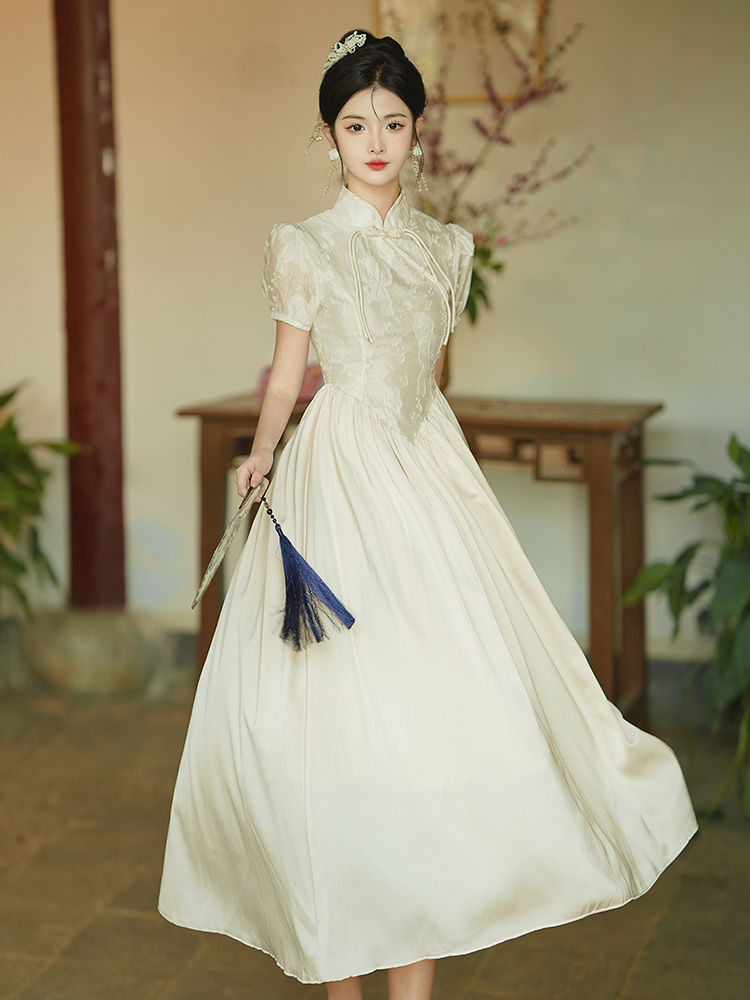 新中式改良旗袍女夏季年轻款气质少女国风法式复古长款优雅连衣裙