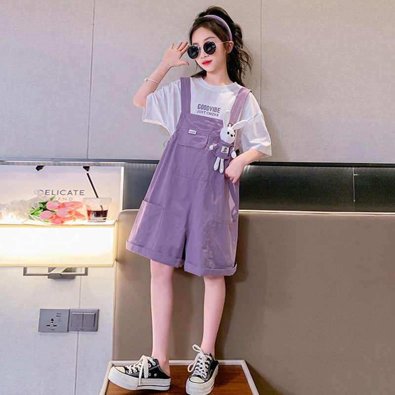Girls' summer clothes with baby bag trousers suit loose casual 2023 new middle and big children's foreign style jumpsuit two-piece shorts