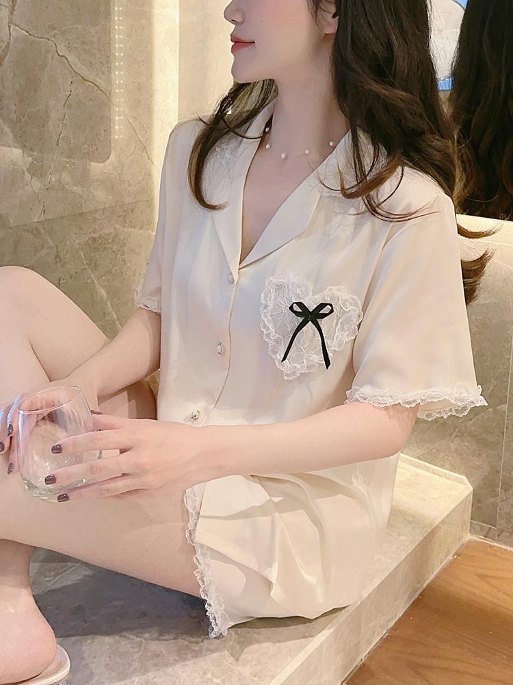 2023 new ice silk pajamas women's summer sweet and age-reducing pure desire love lace lace short-sleeved shorts home clothes