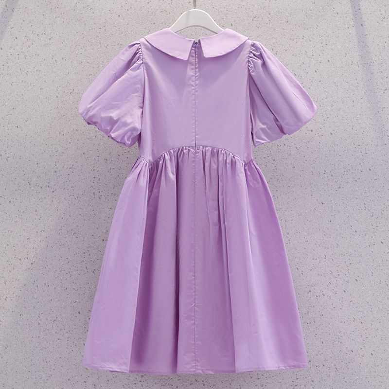 女童学院风连衣裙夏季洋气女孩紫色泡泡袖公主裙儿童纯棉裙子薄款