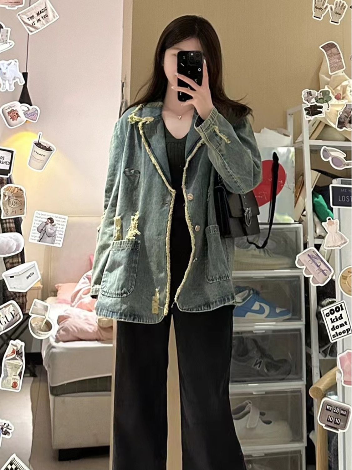 American retro old raw edge ripped denim suit collar jacket women's spring and autumn new trendy brand loose jacket ins