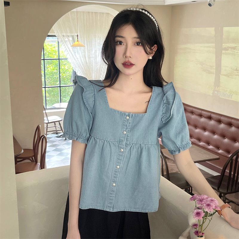 Design sense denim puff sleeve shirt women's spring  new niche lotus leaf stitching all-match square collar short sleeves