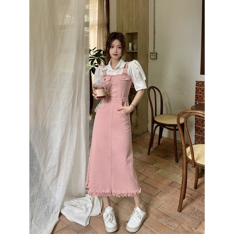 設計感氣質毛邊牛仔背帶裙女襯衫辣妹套裝收腰顯瘦中長裙兩件套潮