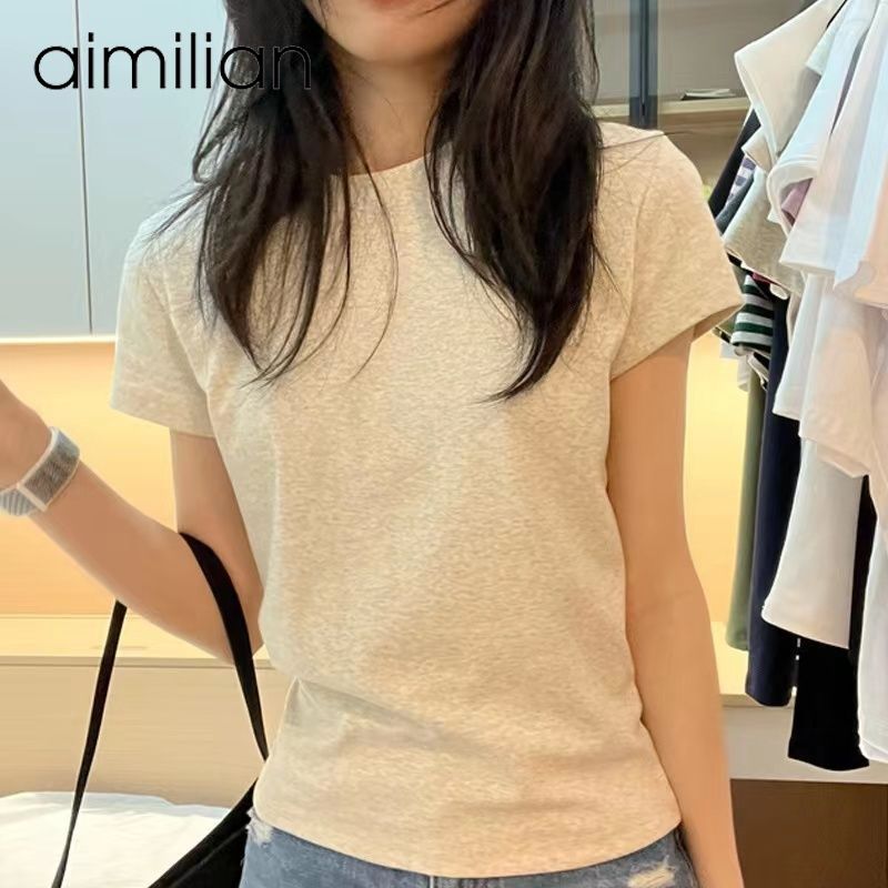 aimilian纯棉正肩t恤女短袖圆领纯欲风修身显瘦休闲内搭ins上衣潮