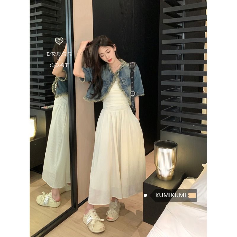 2023i時尚套裝短袖毛邊牛仔外套女夏季褶皺抹胸裙連衣裙兩件套女