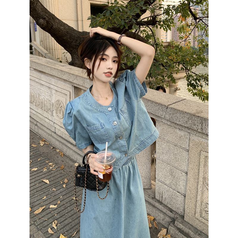 時尚休閒套裝女夏季2023新款韓版牛仔外套配半身裙洋氣單/兩件套
