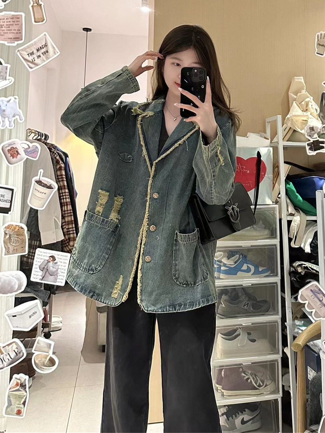 American retro old raw edge ripped denim suit collar jacket women's spring and autumn new trendy brand loose jacket ins