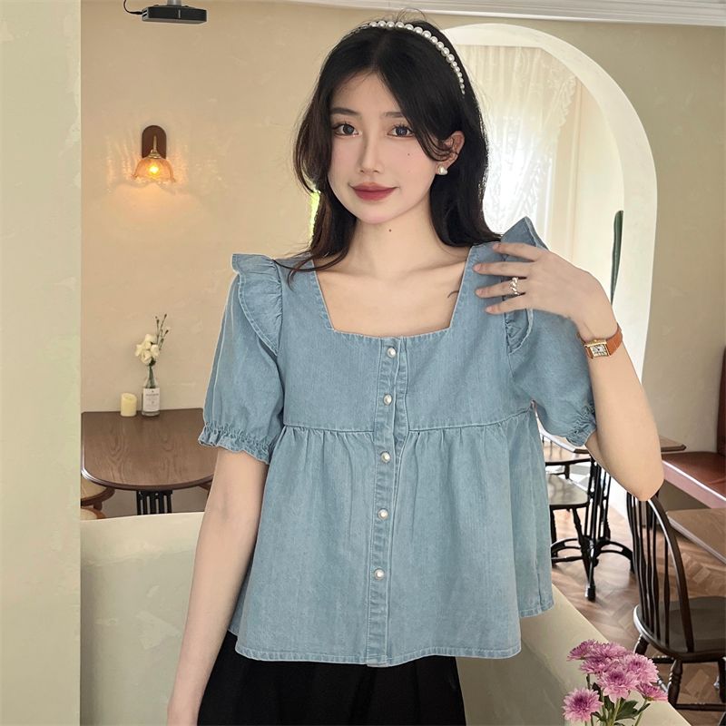 Design sense denim puff sleeve shirt women's spring  new niche lotus leaf stitching all-match square collar short sleeves