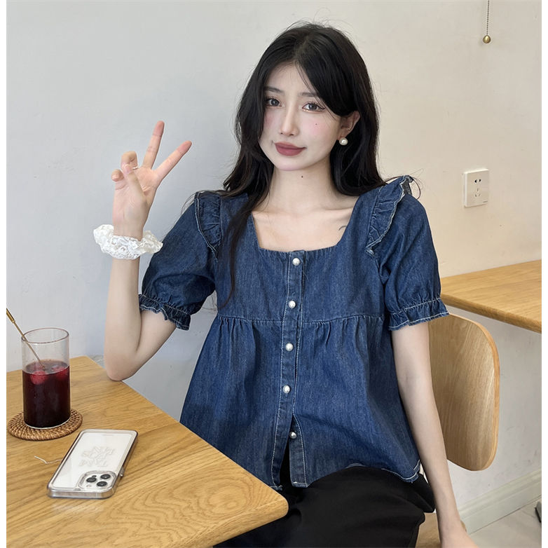 Design sense denim puff sleeve shirt women's spring  new niche lotus leaf stitching all-match square collar short sleeves