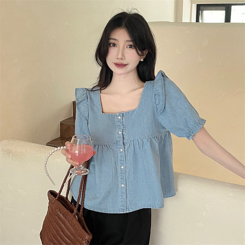 Design sense denim puff sleeve shirt women's spring  new niche lotus leaf stitching all-match square collar short sleeves