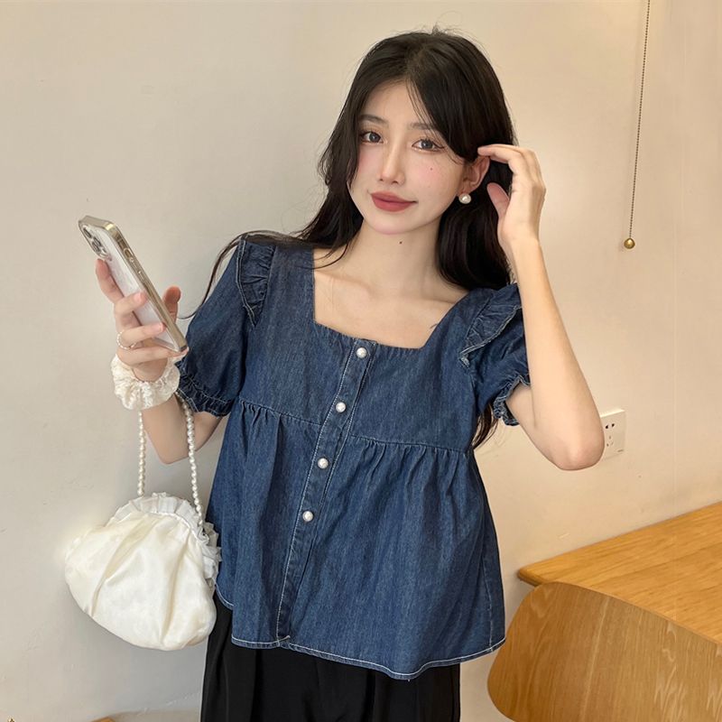 Design sense denim puff sleeve shirt women's spring  new niche lotus leaf stitching all-match square collar short sleeves