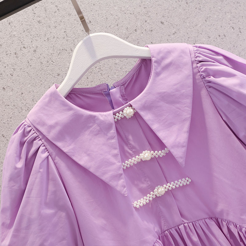 女童学院风连衣裙夏季洋气女孩紫色泡泡袖公主裙儿童纯棉裙子薄款