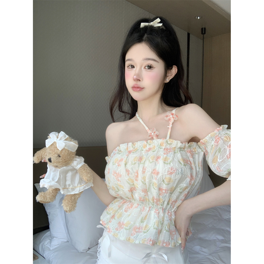 Sweet Halter Neck Strapless Floral Shirt Women's Xiamu Ear Side Short-sleeved Top Slim Fit Waist Short Shirt