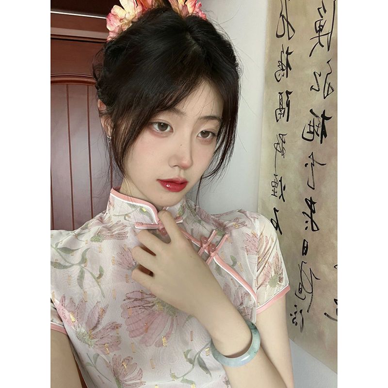 改良版低開衩少女甜美碎花旗袍連衣裙2023夏季新款粉色日常中長款