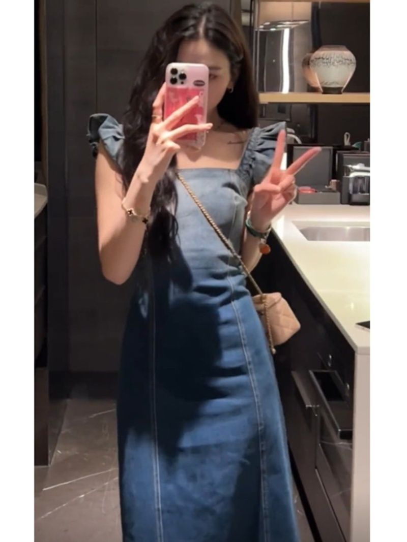 French small flying sleeves gradient denim dress women's summer design sense niche texture high-end suspenders long skirt