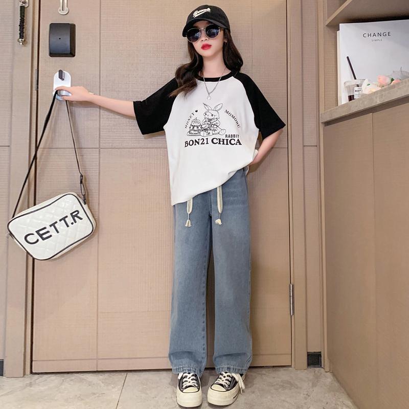 女童夏季套裝薄款2023新款網紅兒童夏裝童裝女大童牛仔褲兩件套潮