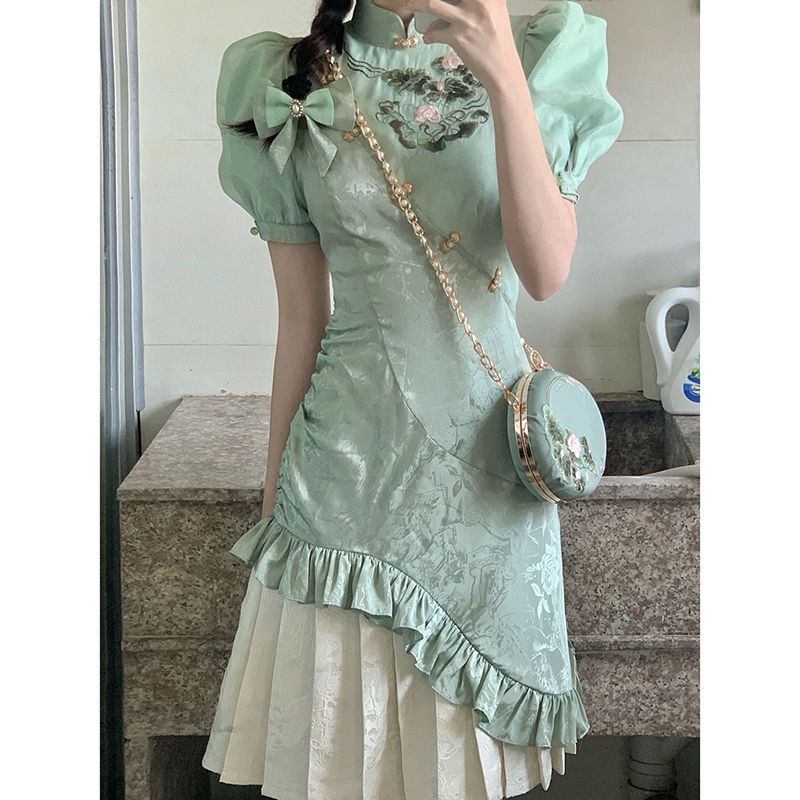 ~藏肉修身~改良旗袍新中式時尚收腰2023氣質優雅雙層泡泡袖連衣裙