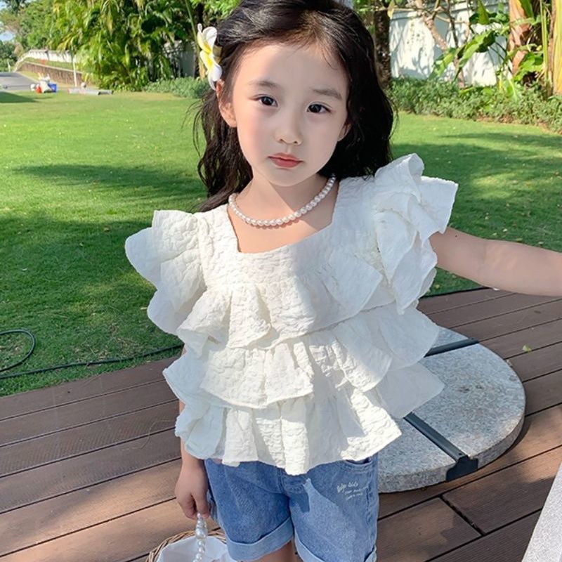 女童襯衣夏季休閒設計感飛飛袖方領襯衫兒童寬鬆法式花邊蛋糕上衣