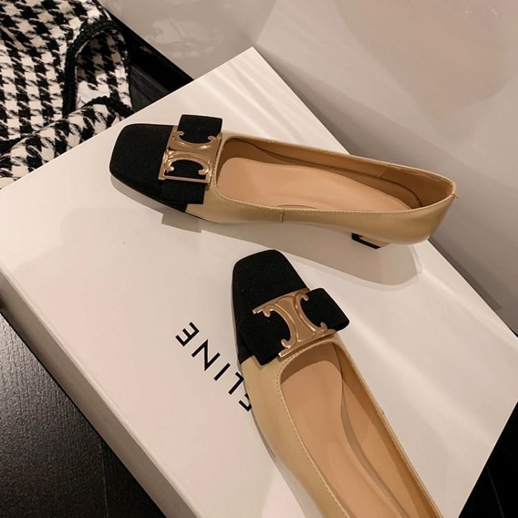 小香風方頭淺口女單鞋真皮夏季新款法式復古百搭粗跟拼色高跟鞋女