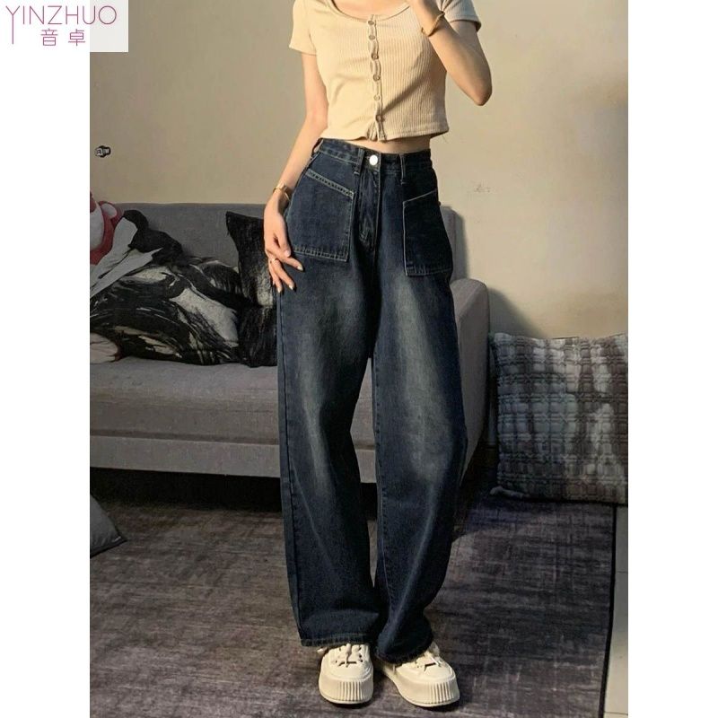 音卓直筒牛仔褲女梨形身材大碼2023春夏新款胖mm闊腿寬鬆顯瘦褲子
