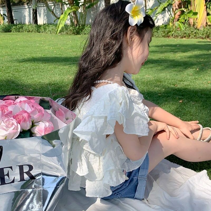 女童衬衣夏季休闲设计感飞飞袖方领衬衫儿童宽松法式花边蛋糕上衣