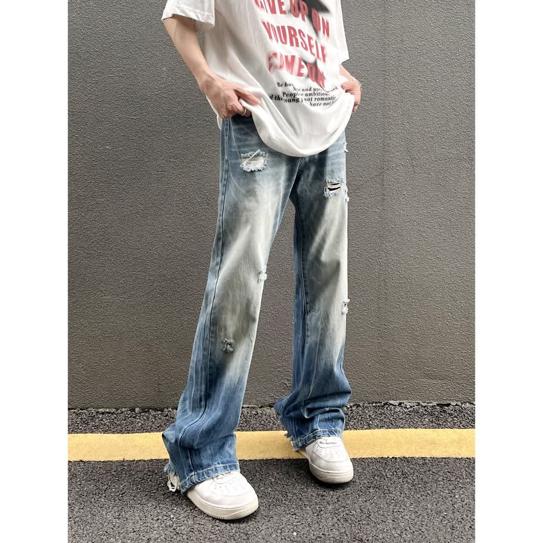 美式高街hiphop復古破洞牛仔褲男潮牌vibe風直筒寬鬆微喇叭長褲子