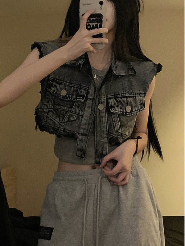 American retro sleeveless denim vest jacket women's spring raw edge design sense niche short loose all-match tops