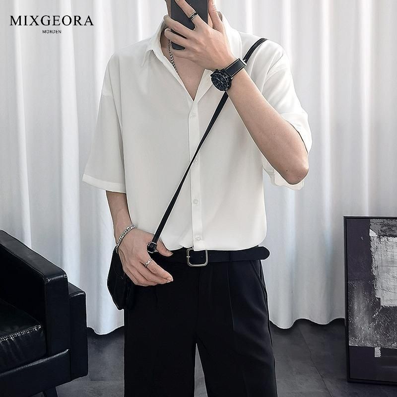 MIX GEORA免烫垂感冰丝短袖衬衫男夏季潮流半袖宽松休闲白衬衣