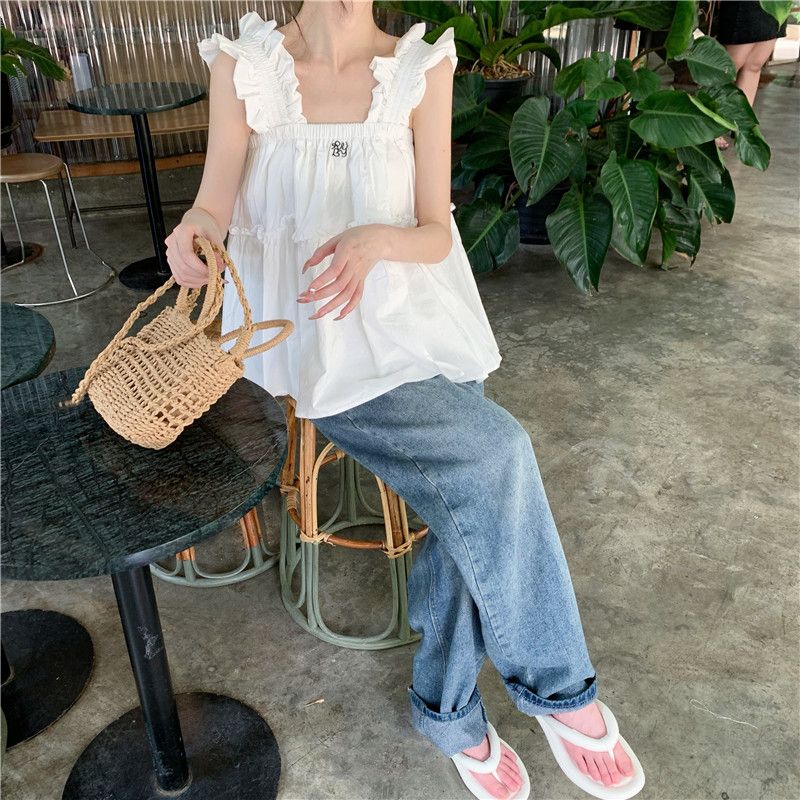 2023 new summer college style niche French design sense embroidery loose white fly sleeve shirt women's clothing