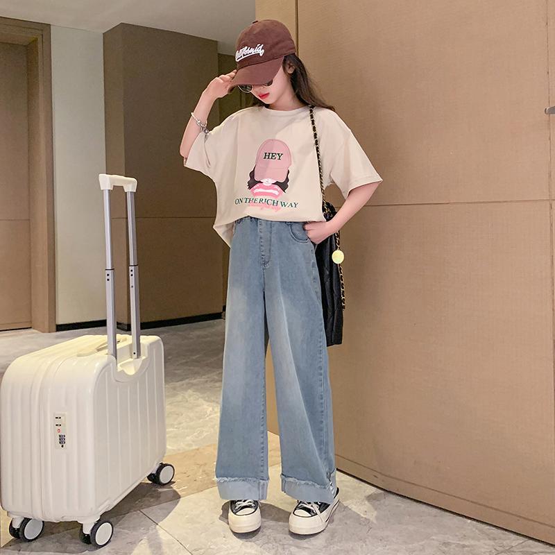 女童套裝夏裝2023新款兒童洋氣時髦夏季衣服大童短袖牛仔褲兩件套