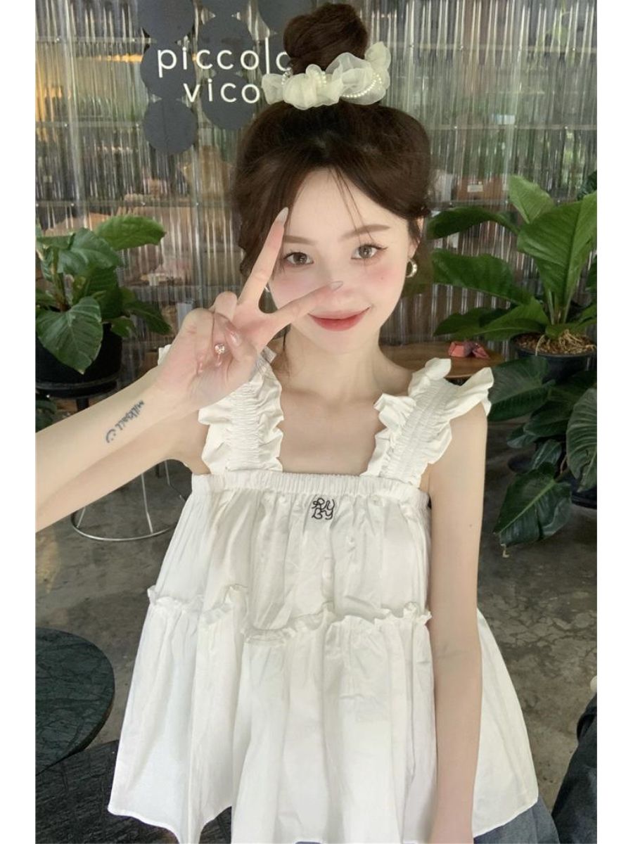 2023 new summer college style niche French design sense embroidery loose white fly sleeve shirt women's clothing