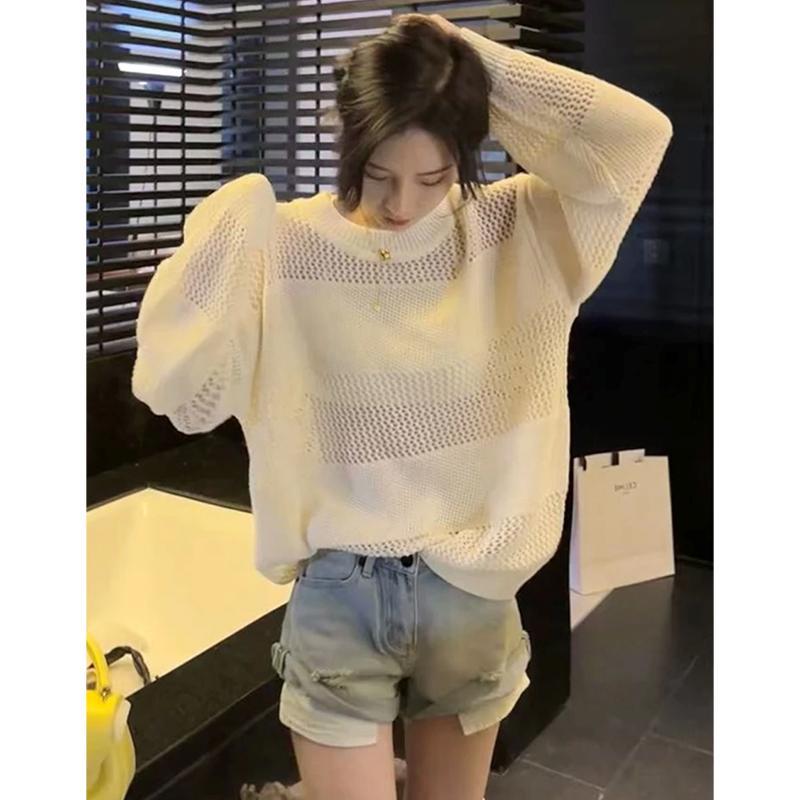 簡約鏤空薄款長袖設計感小眾女2023夏季新款獨特小衫針織上衣女