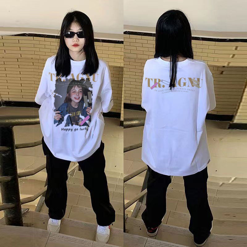 American summer new heavyweight cotton couple loose trendy brand design top women's retro printed short-sleeved T-shirt