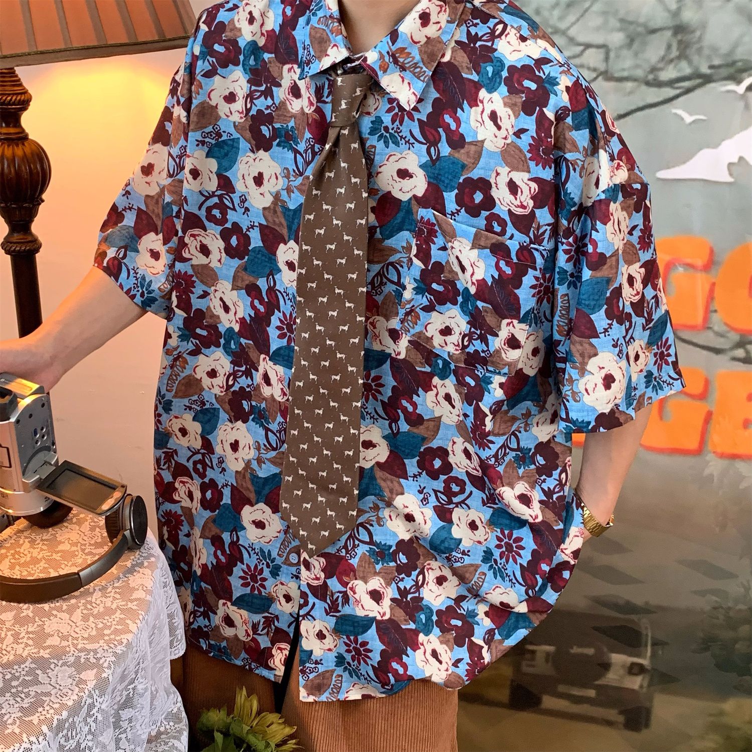 C2 homemade/flower retro full-print Hong Kong style short-sleeved shirt summer new Hawaiian neutral loose floral shirt