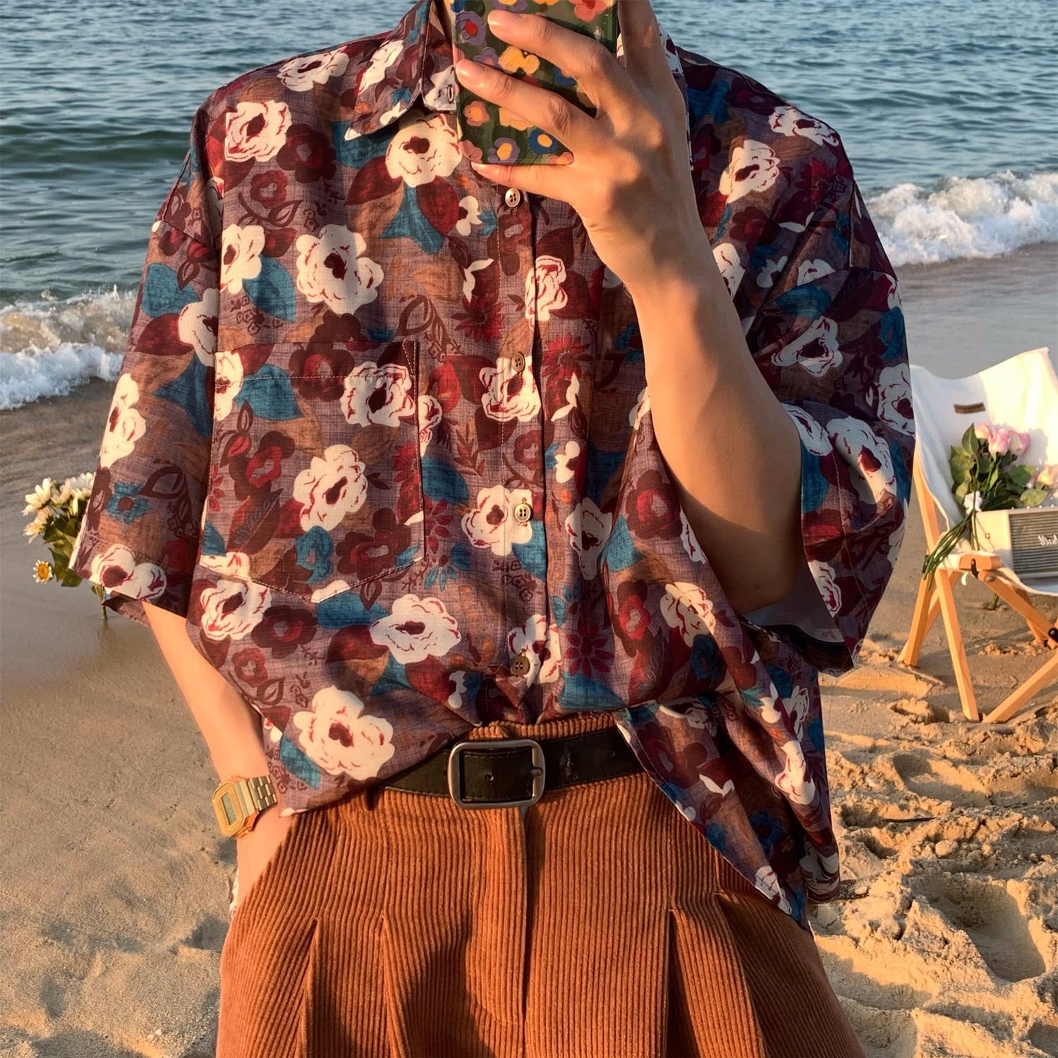 C2 homemade/flower retro full-print Hong Kong style short-sleeved shirt summer new Hawaiian neutral loose floral shirt