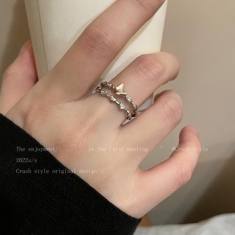 愛心鋯石蝴蝶戒指女潮輕奢小眾設計感高級食指戒時尚個性開口指環
