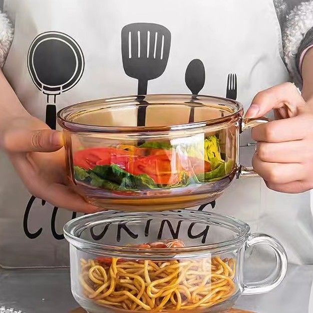 Instant noodle glass bowl with handle, anti-scalding, household microwave ins, high-looking, large-capacity, transparent instant noodle bowl with lid