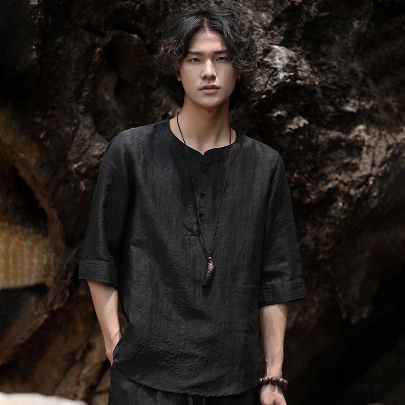 香雲紗男裝黑龜25姆米中國風唐裝二件套裝夏高端盤扣短袖襯衫復古