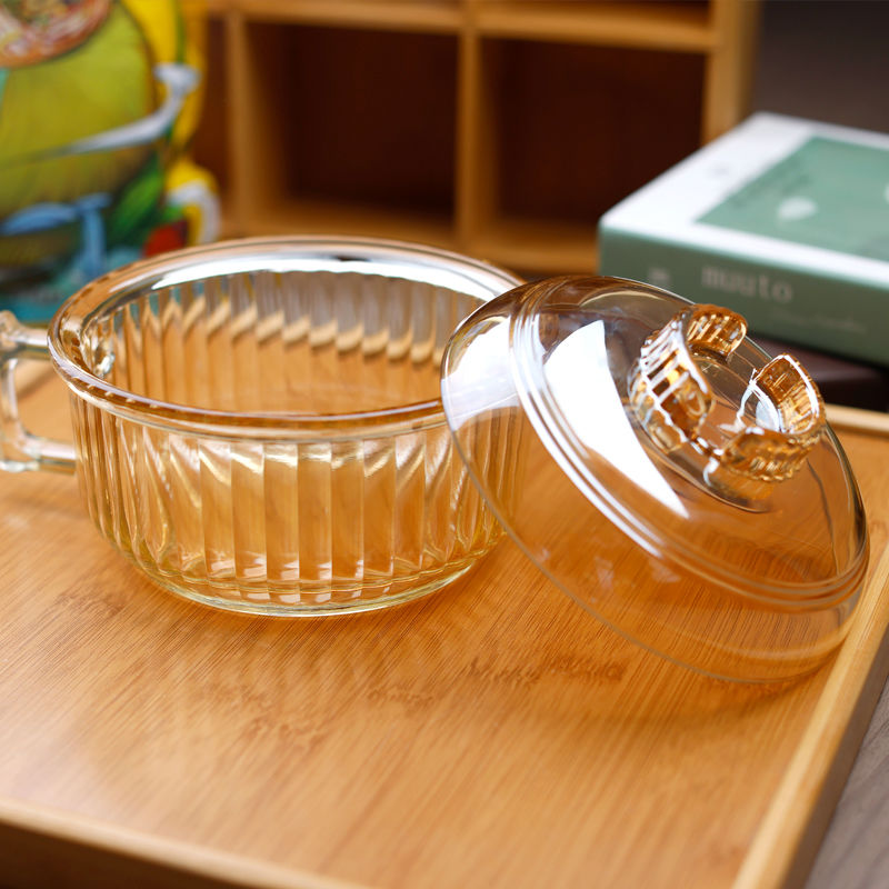 Instant noodle glass bowl with handle, anti-scalding, household microwave ins, high-looking, large-capacity, transparent instant noodle bowl with lid