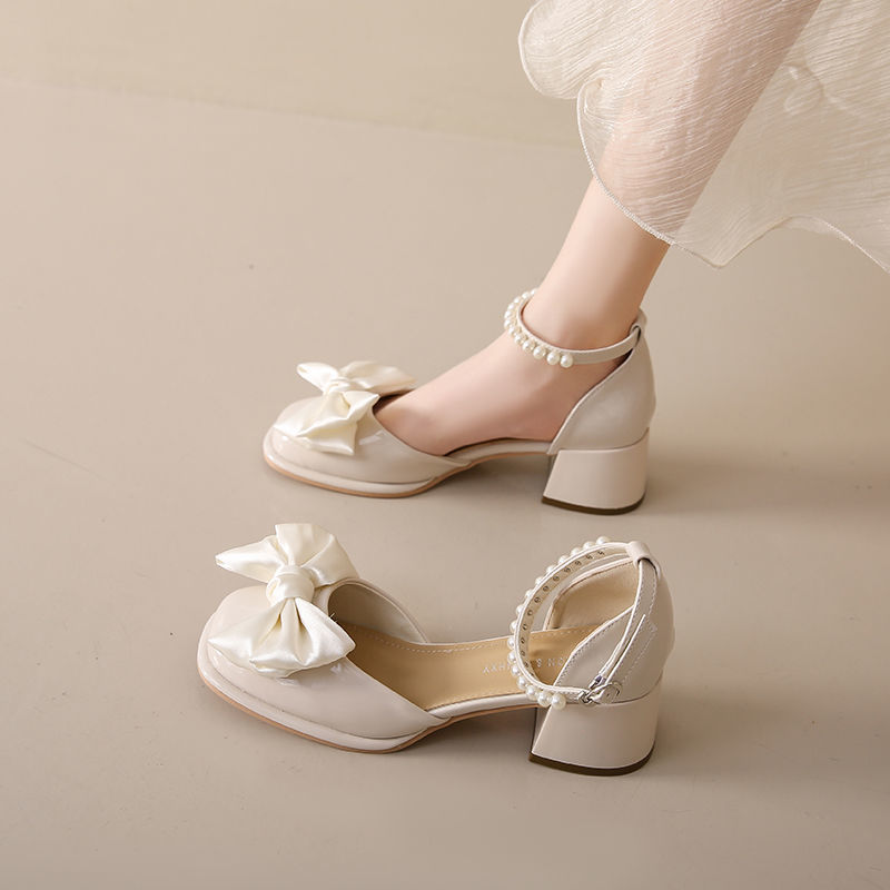 玛丽珍女鞋2023年春季新款时尚百搭珍珠蝴蝶结粗跟防滑方头小皮鞋