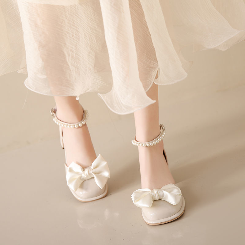 玛丽珍女鞋2023年春季新款时尚百搭珍珠蝴蝶结粗跟防滑方头小皮鞋