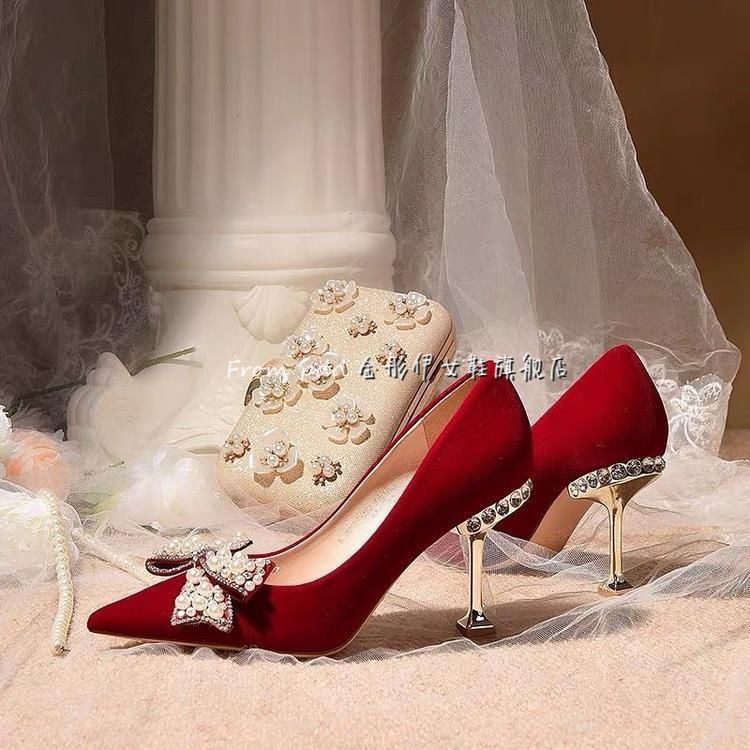 婚鞋冬季女秀禾婚纱两穿年新款中式红色新娘鞋结婚水晶高跟鞋