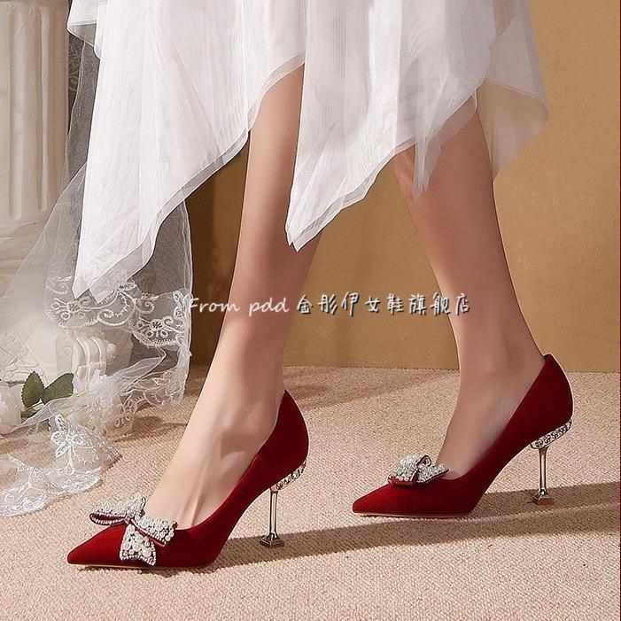 婚鞋冬季女秀禾婚纱两穿年新款中式红色新娘鞋结婚水晶高跟鞋